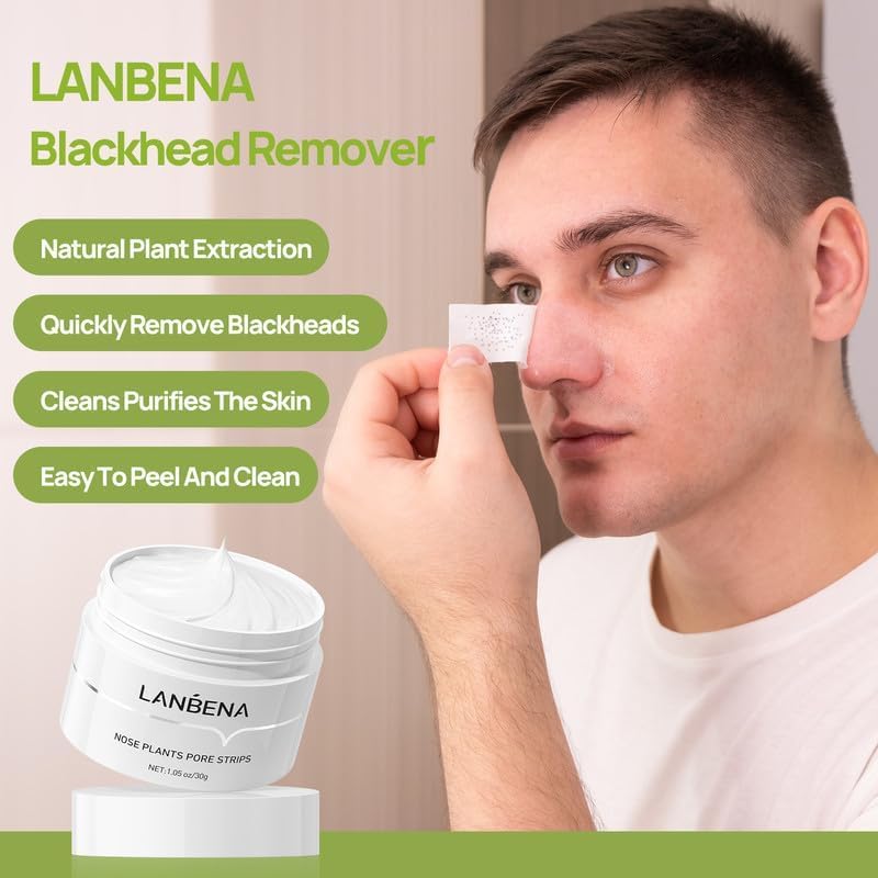 LANBENA 3-in-1 Blackhead Removal Set - Pore Strips (30g), Pore Minimizing Serum (30ml) & Removal Paper - Mask for Face, Minimizes Pores & Leaves Skin Fresh & Clean, Blackhead Remover