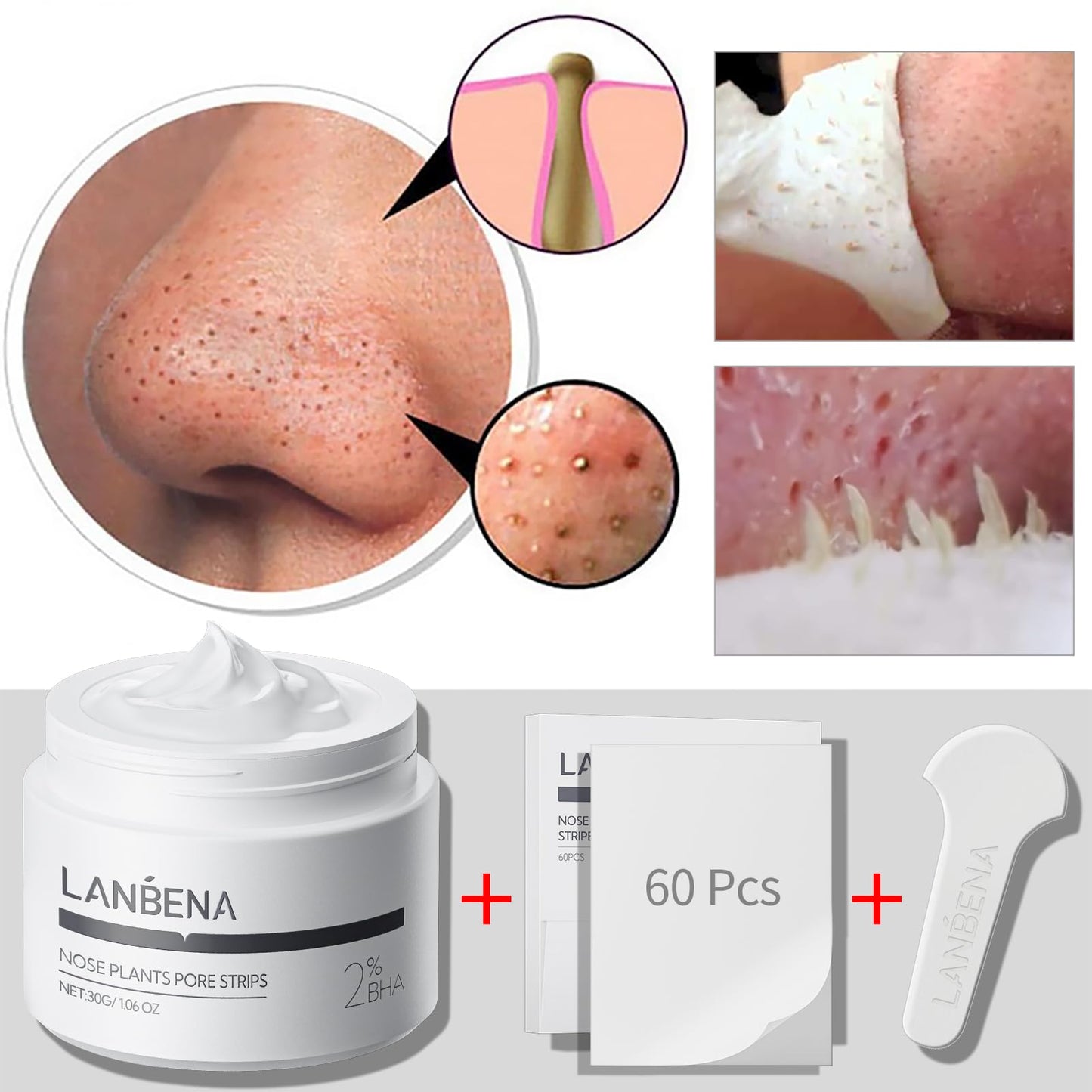 LANBENA 3-in-1 Blackhead Removal Set - Pore Strips (30g), Pore Minimizing Serum (30ml) & Removal Paper - Mask for Face, Minimizes Pores & Leaves Skin Fresh & Clean, Blackhead Remover